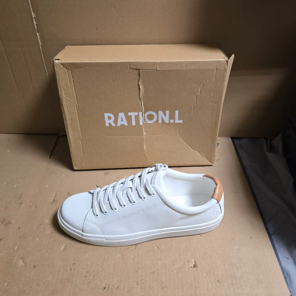 RATION.L WHITE LEATHER SNEAKERS – LOW-TOP, TAN HEEL TAB -  SIZE UK 11