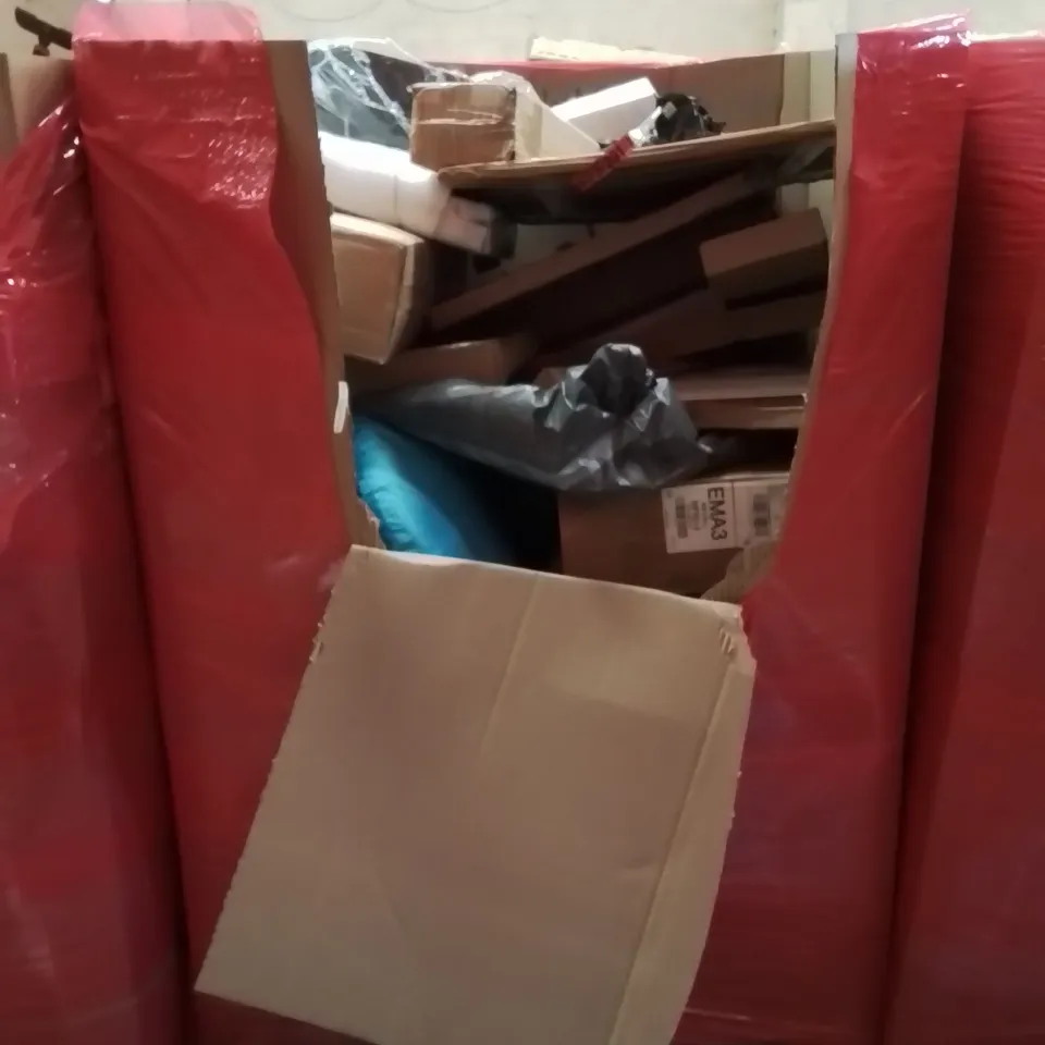 PALLET OF ASSORTED HOUSEHOLD GOODS AND PRODUCTS TO INCLUDE; DOORWAY CHIN-UP BARS, TROLLEY, WINDOW MESH, BOXED FURNITURE ETC 