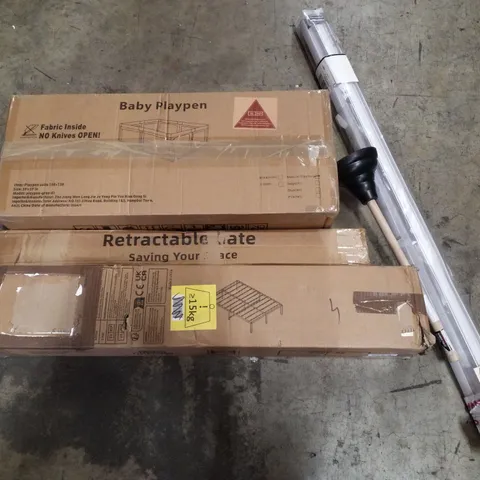 PALLET CONTAINING ASSORTED PRODUCTS INCLUDING BABY PLAYPENS, RETRACTABLE  SAFETY GATE, METAL BED FRAME, PLUNGER & ROLLER BLIND