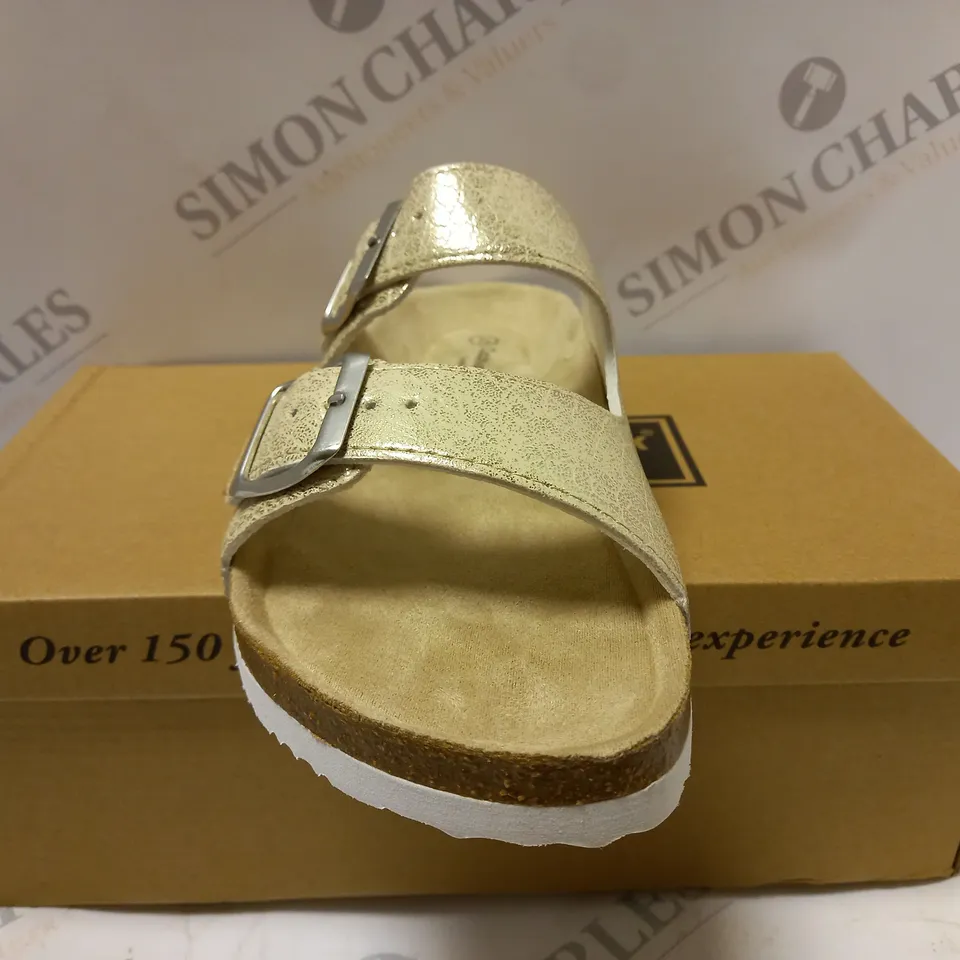 BOXED CUSHION WALK DOUBLE BUCKLE MULES, METALLIC - SIZE 5 