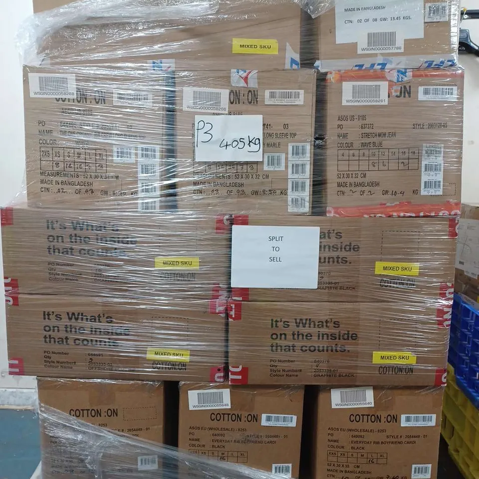 PALLET OF APPROX 40 BOXES OF ASSORTED BRAND NEW CLOTHING ITEMS IN VARIOUS SIZES & COLOURS TO INCLUDE - JEANS , T-SHIRT , CARDIGAN ETC