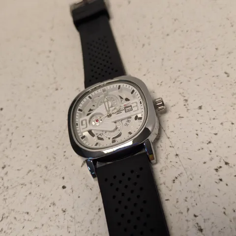 LEE COOPER LONDON SKELETON DIAL WRISTWATCH – STAINLESS STEEL CASE, BLACK RUBBER STRAP