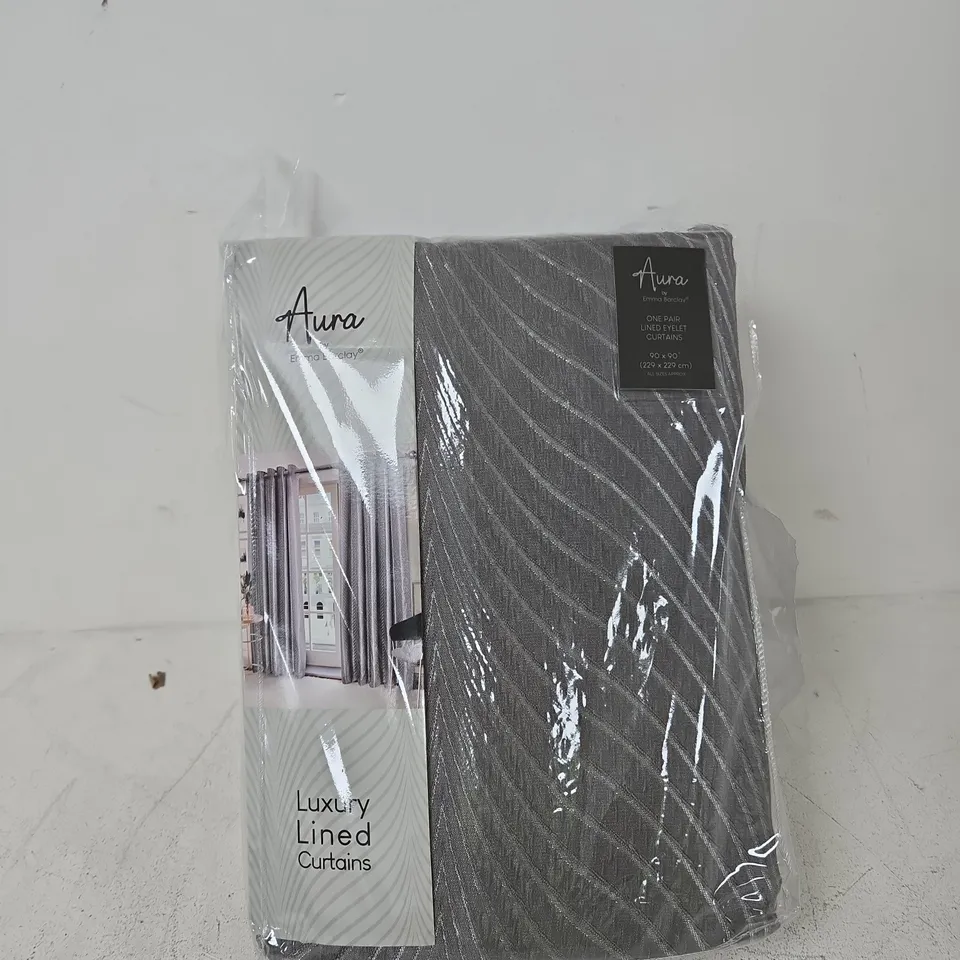AURA BY EMMA BARCLAY GREY LINED EYELET CURTAINS – ONE PAIR, 90 X 90 INCHES (229 X 229 CM) APPROX