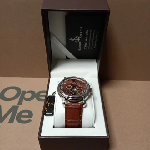 BOXED SAMUEL JOSEPH AUTOMATIC LIMITED EDITION SILVER WATCH WITH BROWN DIAL