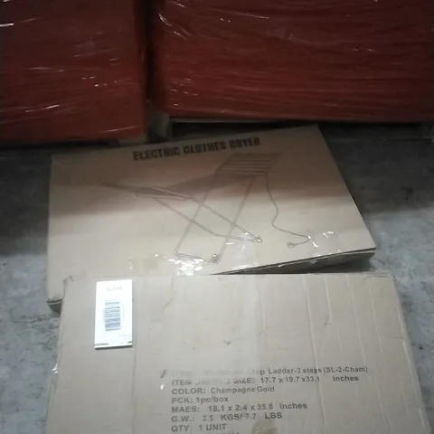 PALLET OF ASSORTED ITEMS INCLUDING - ELECTRIC CLOTHES DRYER, STEP LADDER