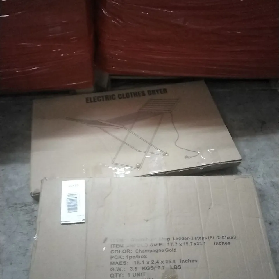 PALLET OF ASSORTED ITEMS INCLUDING - ELECTRIC CLOTHES DRYER, STEP LADDER