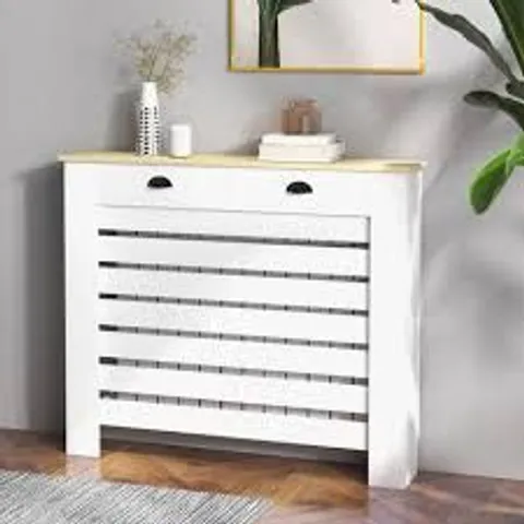 BOXED HOMCOM 95.5H X 111WCM RADIATOR COVER, WITH DRAWER - WHITE 
