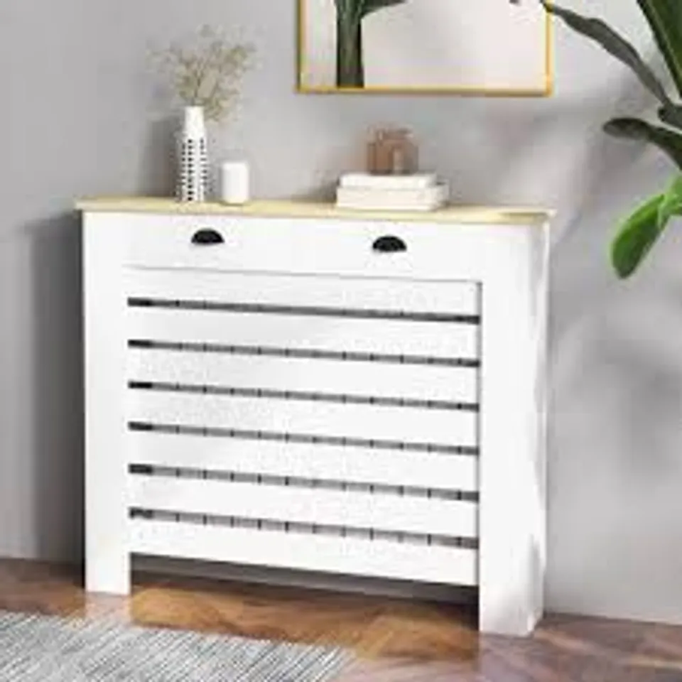 BOXED HOMCOM 95.5H X 111WCM RADIATOR COVER, WITH DRAWER - WHITE 