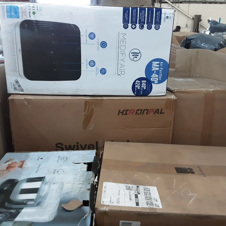 PALLET OF ASSORTED PRODUCTS TO INCLUDE MEDIFYAIR AIR PURIFICATION, HIRONPAL SWIVEL CHAIR, STAND MIXER, LEVEL8 LUGGAGE, PROINON 