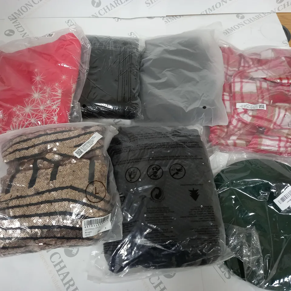 LARGE BOX  TO INCLUDE 50 ASSORTED CLOTHING ITEMS TOO INCLUDE TOPS , TROUSERS AND DRESSES , ETC 