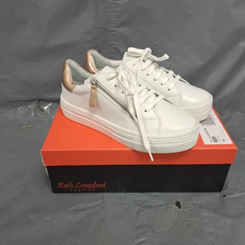 BOXED PAIR OF RUTH LANGSFIELD LACE UP TRAINERS IN WHITE - SIZE 5