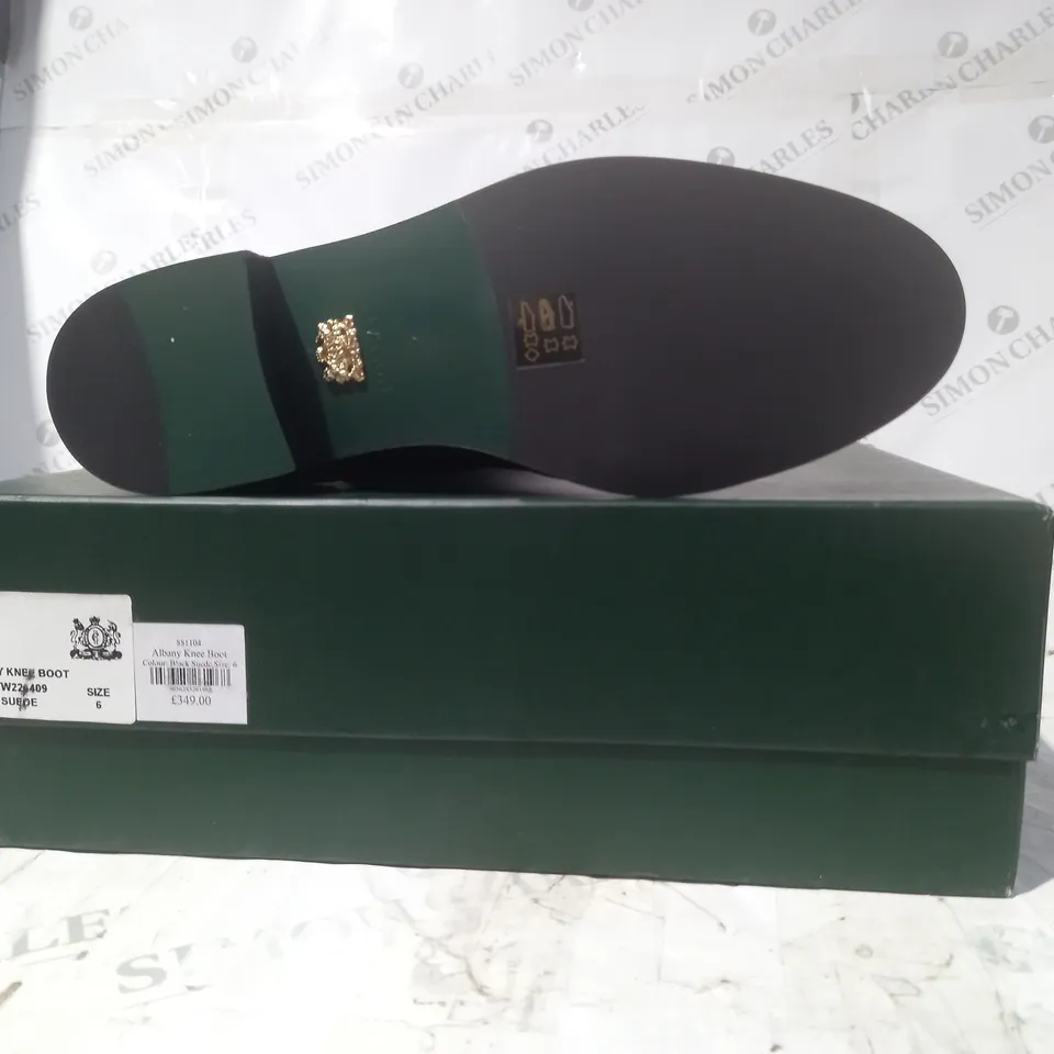 BOXED PAIR OF HOLLAND COOPER ALBANY KNEE BOOTS IN BLACK SUEDE SIZE 6