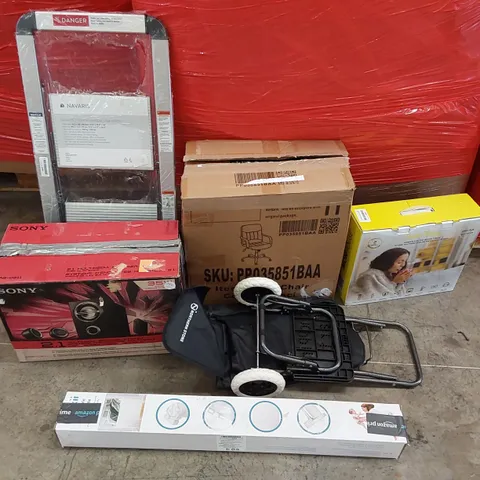 PALLET OF ASSORTED ITEMS INCLUDING: OFFICE CHAIR, SONY MULTIMEDIA SPEAKER, STEP LADDER, TROLLEY, HEATED BLANKET, RETRACTABLE SAFETY GATE