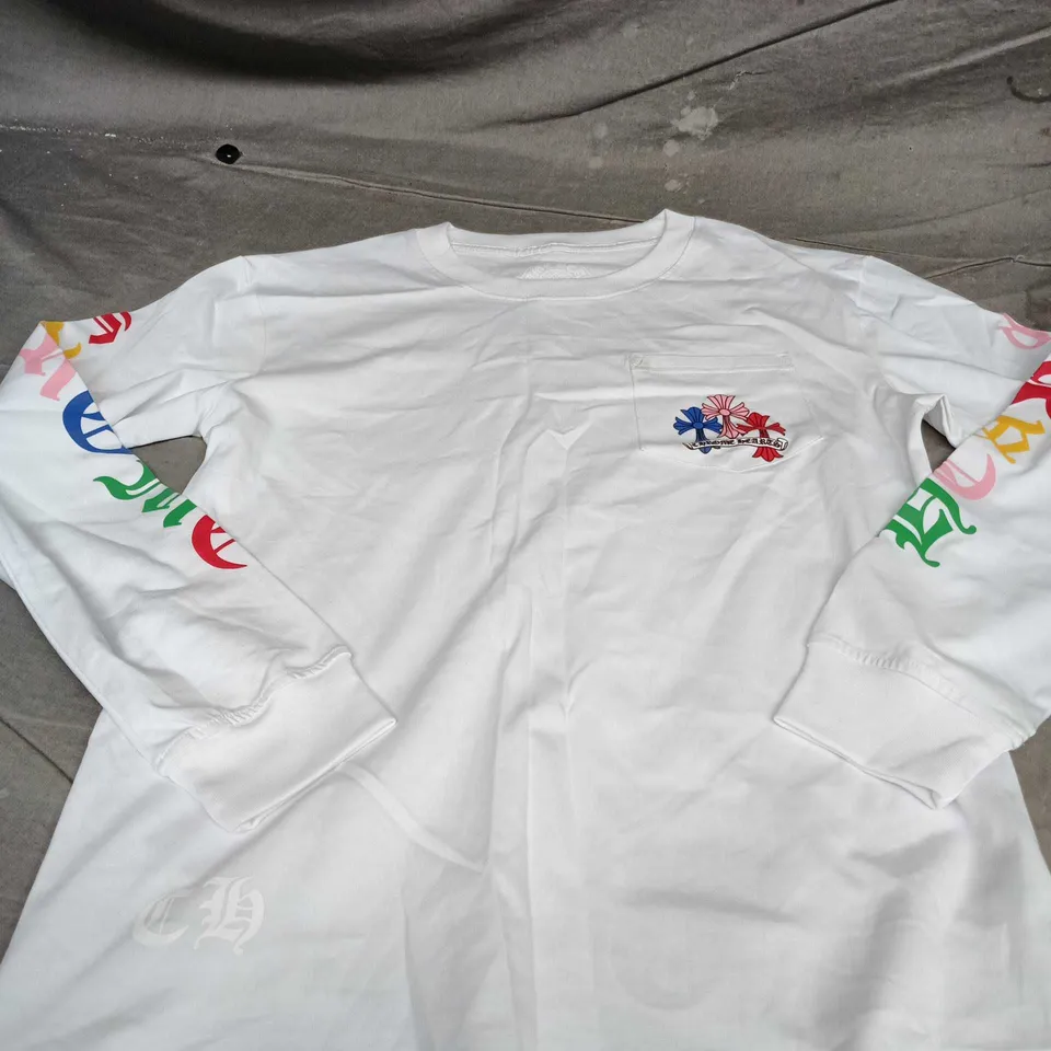 CHROME HEARTS WHITE COTTON T-SHIRT, SIZE M – MULTICOLOUR BACK CROSS GRAPHIC