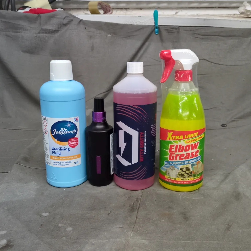 APPROXIMATELY 10 ASSORTED HOUSEHOLD LIQUIDS TO INCLUDE DR.JOHNSON'S STERILISING FLUID, ELBOW GREASE MULTI PURPOSE DEGREASER AND NITTY GRITTY PRE WASH AND DEGREASER