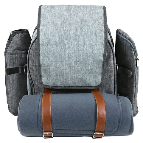 BRAND NEW BOXED GREY 4 PERSON PICNIC BAG BACKPACK WITH CUTLERY, PLATES, BLANKET (1 BOX)