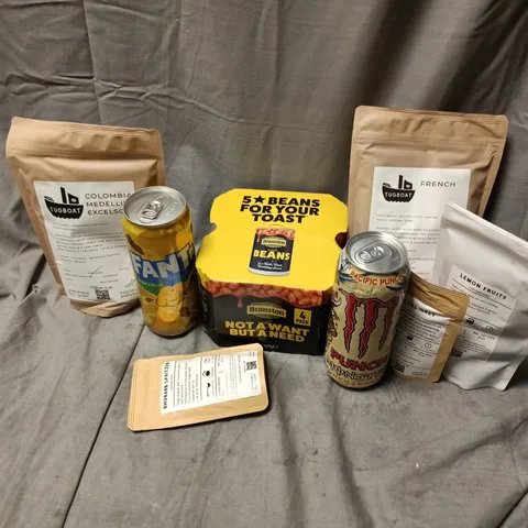 APPROXIMATELY 10 ASSORTED FOOD & DRINK ITEMS TO INCLUDE BRANSTON BEANS, MONSTER PACIFIC PUNCH, TUGBOAT LEMON FRUIT, ETC - COLLECTION ONLY