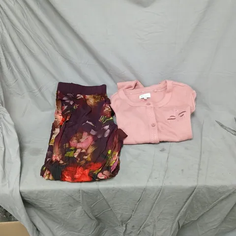 TED BAKER TWIN SET WITH PINK BUTTON UP TOP SIZE 16 AND FLORAL PRINT TROUSERS SIZE 16