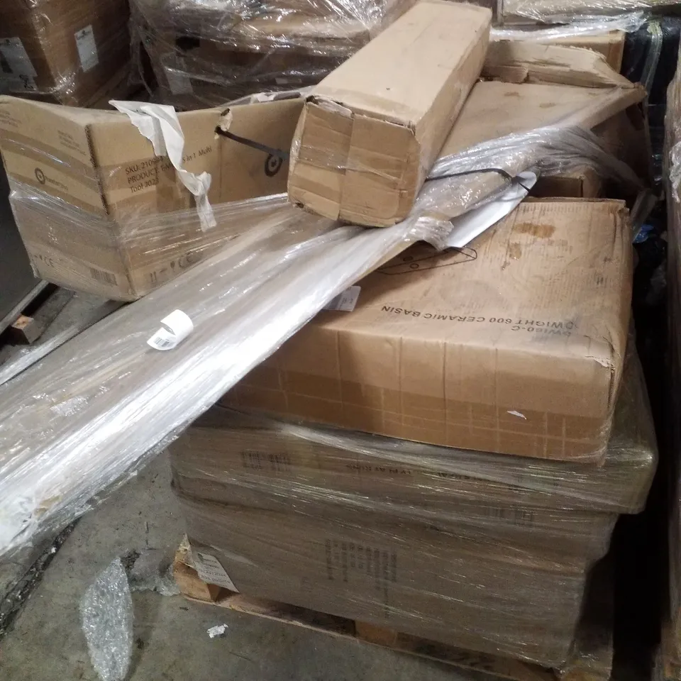 PALLET CONTAINING ASSORTED PRODUCTS INCLUDING CERAMIC BASIN, DOG PLAYPEN & WOODEN CABINET