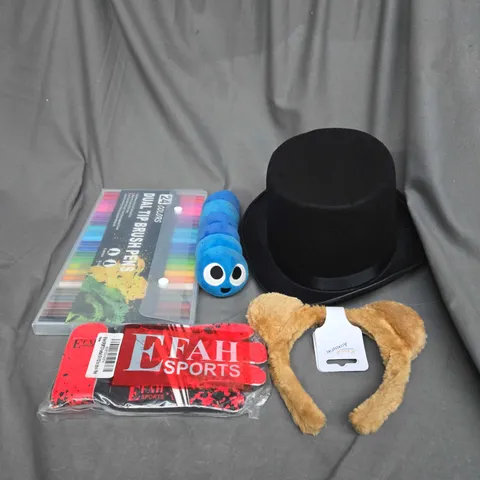 MEDIUM BOX OF ASSORTED TOYS AND GAMES TO INCLIDE TEDDYS, GOALKEEPER GLOVES AND PENS
