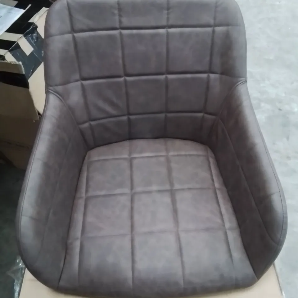 A BOXED PAIR OF FAUX LEATHER PADDED UPHOLSTERED CHAIRS IN BROWN