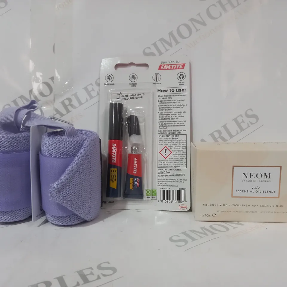 APPROXIMATELY 5 ASSORTED HOUSEHOLD ITEMS TO INCLUDE NEOM ESSENTIAL OIL BLENDS, WRIST STRAPS, SUPER GLUE, ETC