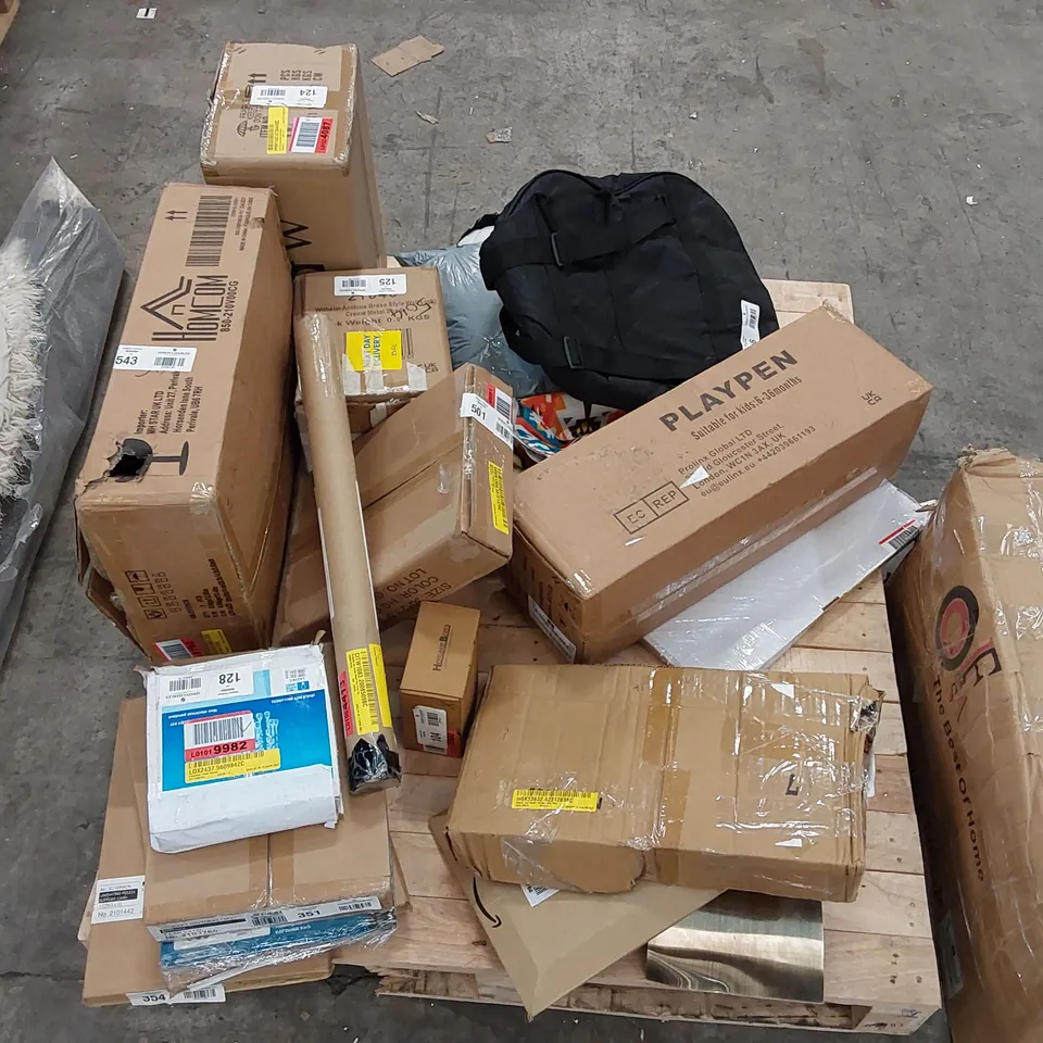 PALLET OF ASSORTED CONSUMER PRODUCTS TO INCLUDE; FOUNTAIN FLUSH MOUNT SHADE, CHILDREN'S PLAYPEN, PLANT STAND, WALL LIGHT, DOOR KNOB ECT.