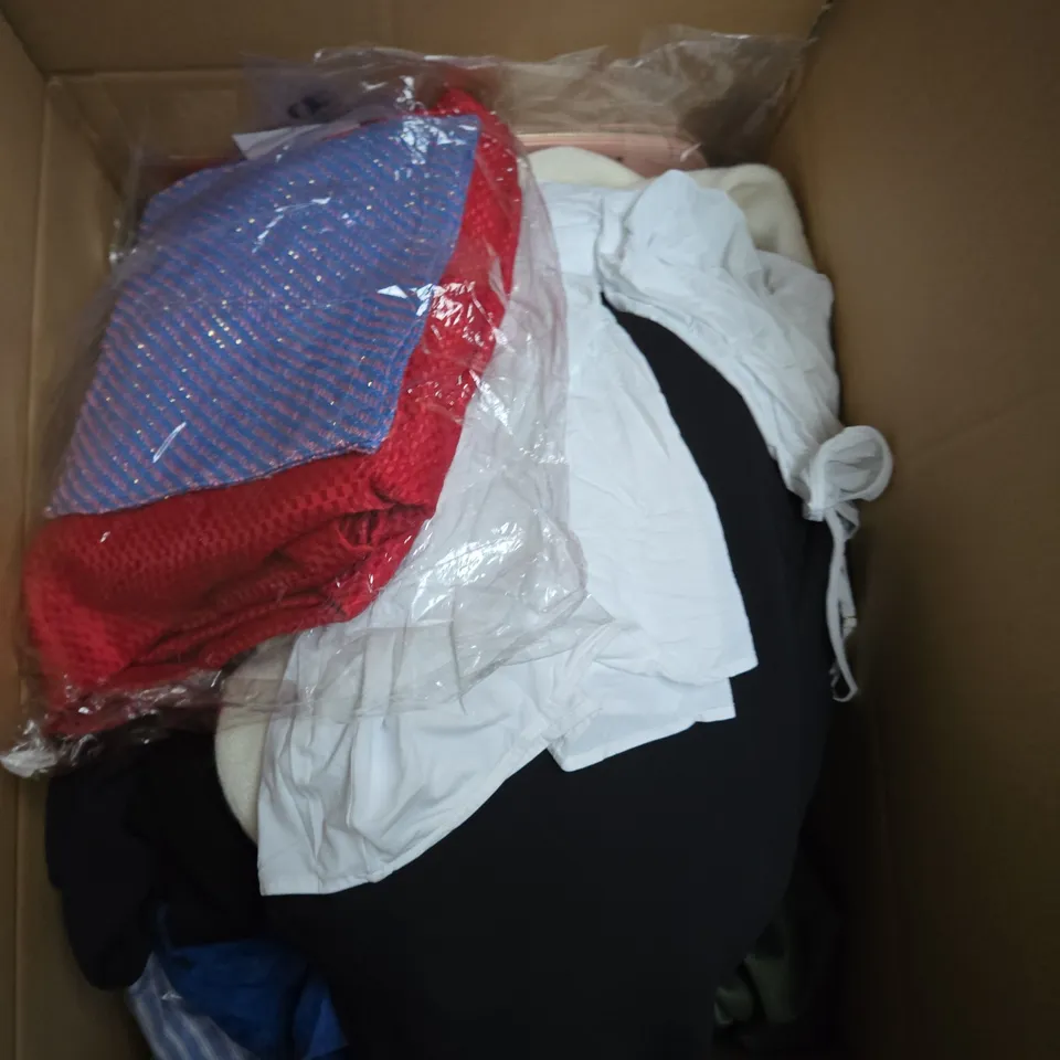 LARGE BOX OF ASSORTED CLOTHING ITEMS IN VARIOUS SIZES, STYLES AND COLOUR 