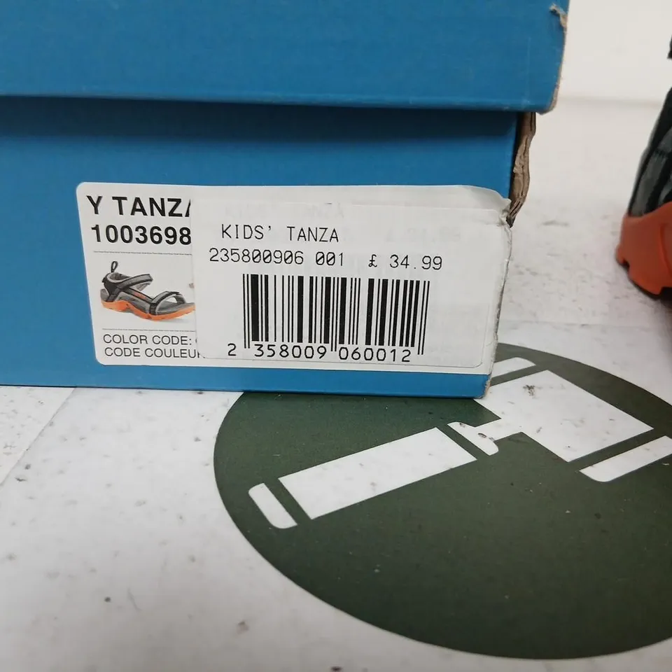 TEVA KIDS TANZA SANDALS – GREY/BLACK WITH ORANGE SOLE