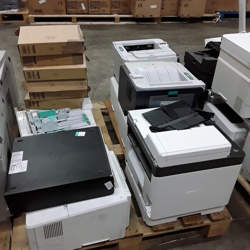 PALLET OF ASSORTED OFFICE EQUIPMENT INCLUDING PRINTERS, DESKTOP & KEYBOARDS 