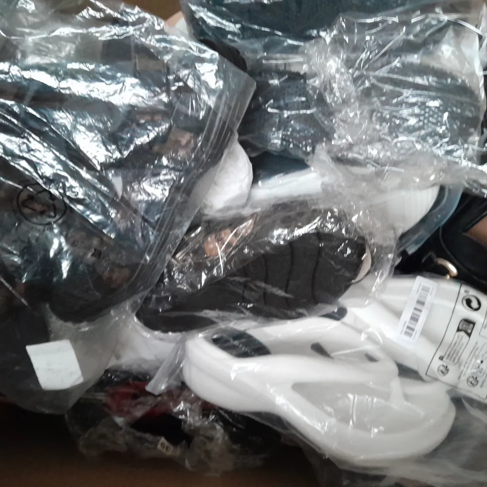 BOX OF APPROXIMATELY 15 ASSORTED PAIRS OF SHOES AND FOOTWEAR ITEMS IN VARIOUS COLOURS, STYLES, AND SIZES - COLLECTION ONLY
