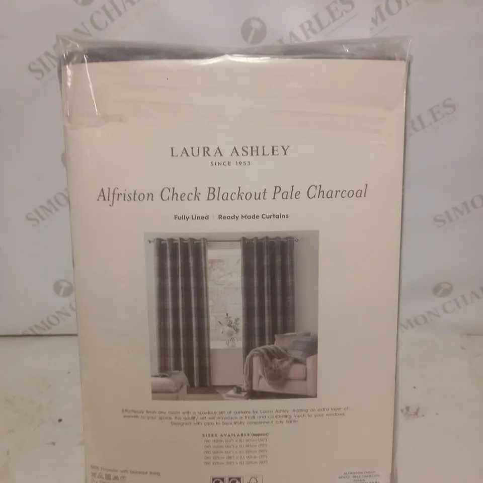 LAURA ASHLEY ALFRISTON CHECK BLACKOUT PALE CHARCOAL CURTAINS - W223CM X 183CM