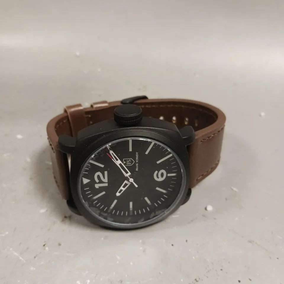 MENS FRANK SCHMIDT WATCH – LARGE BLACK CASE – BLACK PILOT DIAL – BROWN LEATHER STRAP