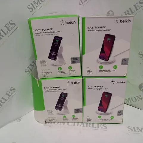 4 ASSORTED BELKIN PRODUCTS TO INCLUDE BOOST CHARGE MAGNETIC WIRELESS CHARGER STAND AND BOOST CHARGE WIRELESS CHARGING STAND