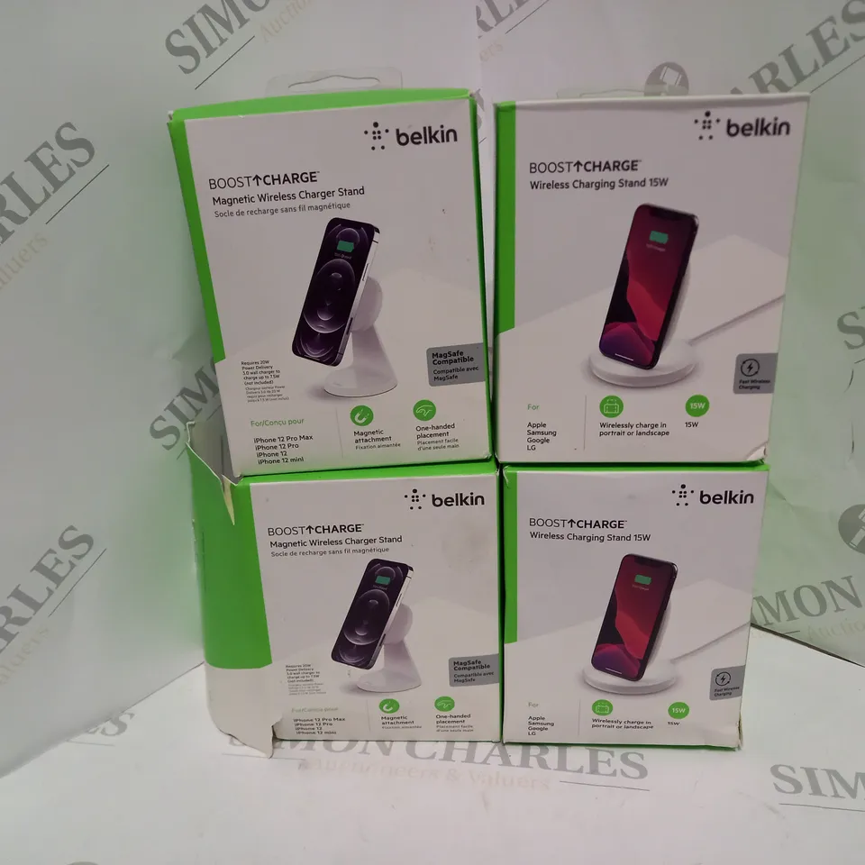 4 ASSORTED BELKIN PRODUCTS TO INCLUDE BOOST CHARGE MAGNETIC WIRELESS CHARGER STAND AND BOOST CHARGE WIRELESS CHARGING STAND 