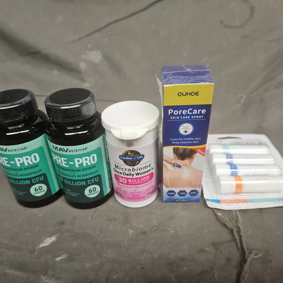 APPROX 10 ASSORTED ITEMS TO INCLUDE : MAV PRE-PRO PROBIOTIC DUO, GARDEN OF LIFE MICROBIOME ONCE DAILY WOMEN, OUHOE PORECARE SKIN CARE SPRAY