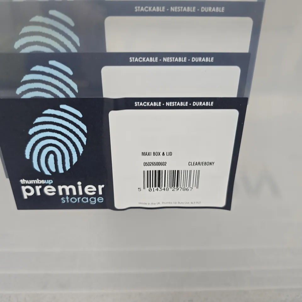 SET OF 4 PREMIER STORAGE MAXI BOX & LID – CLEAR PLASTIC STORAGE BOX WITH BLACK LID