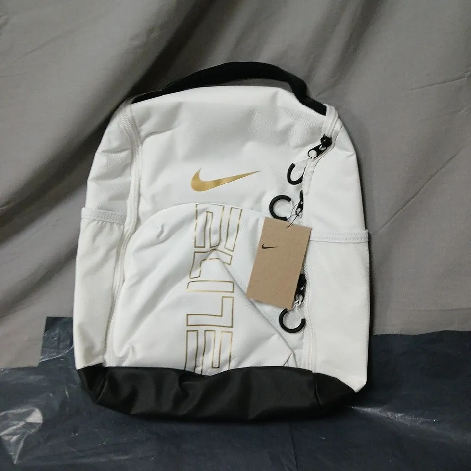 NIKE 14L BACKPACK – WHITE WITH GOLD SWOOSH AND BLACK BASE