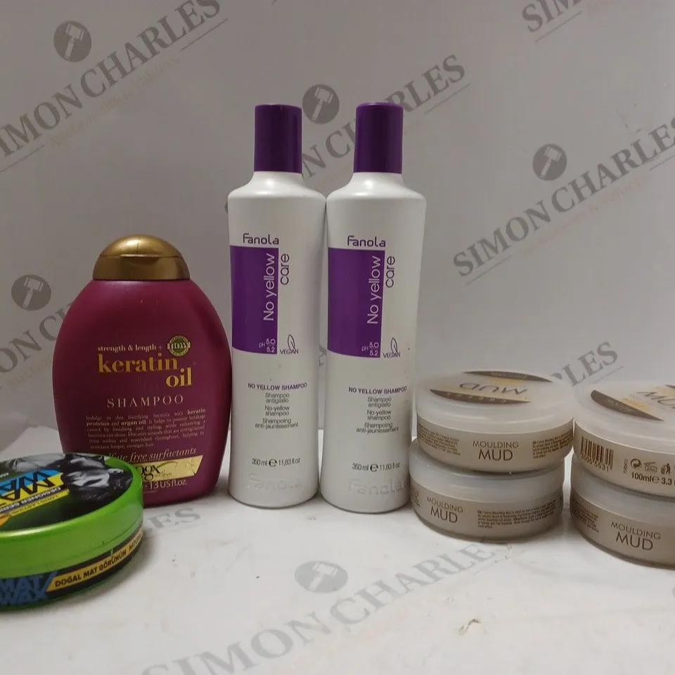 APPROXIMATELY 8 HAIR PRODUCTS TO INCLUDE 4 PROCLERE FREEZE MOULDING MUD (100ml), 2 FANOLA NO YELLOW CARE SHAMPOO (350ml), OGX KERATIN OIL SHAMPOO (385ml), ETC