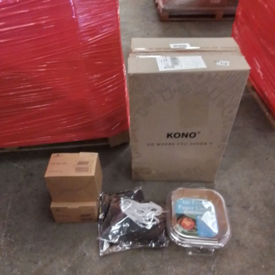 PALLET CONTAINING ASSORTED HOUSEHOLD & HOME IMPROVEMENT PRODUCTS. INCLUDES TV UNIT, LAWNMOWER, TRAVEL SUITCASE, CHAIR, SOLAR STAIR LIGHT, AIR FRYER PAPER LINERS ETC 