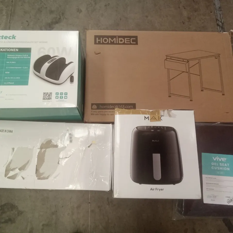 PALLET OF ASSORTED ITEMS INCLUDING HOMIDEC DESK, NEKTECK SHIATSU FOOT MASSAGER, MAK AIR FRYER, VIVE GEL SEAT CUSHION, THERMOSTATIC MIXER SHOWERS
