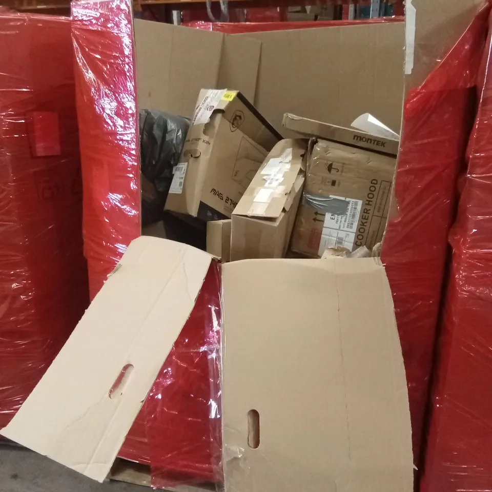 PALLET OF ASSORTED HOUSEHOLD GOODS AND PRODUCTS TO INCLUDE; COOKER HOOD, TV WALL MOUNT, ELECTRIC BLOWER AND VACUUM ETC