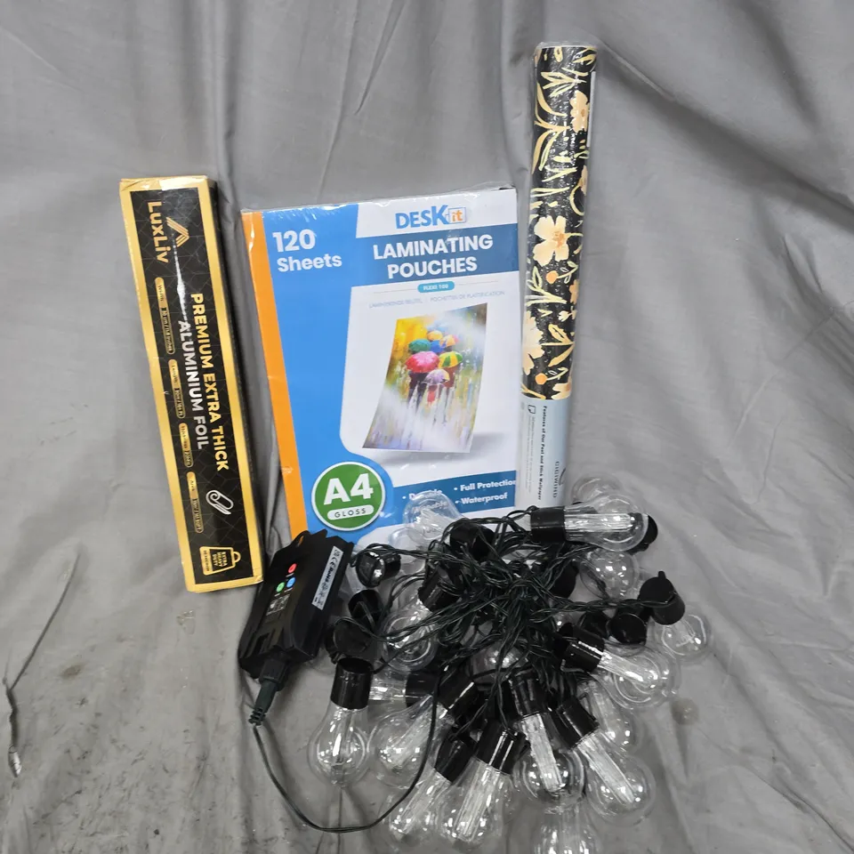 APPROXIMATELY 15 ASSORTED HOUSEHOLD ITEMS TO INCLUDE LAMINATING POUCHES, WALLPAPER, STRING LIGHTS, ETC