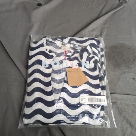 BODEN ESME LINEN SHORT DRESS, NAVY ZEBRA PRINT, UK 8 (8L) – NEW WITH TAGS