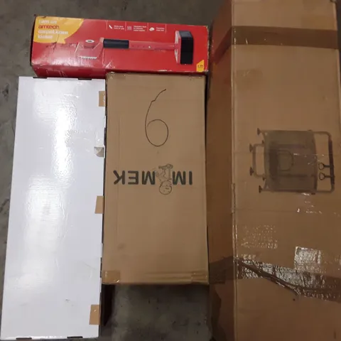 PALLET TO CONTAIN AN ASSORTMENT OF HOUSEHOLD ITEMS TO INCLUDE MINI TRAMPOLINE, THERMO SHOWER MIXER, KIDS SCOOTER AND CARPET KNEE KICKER ECT