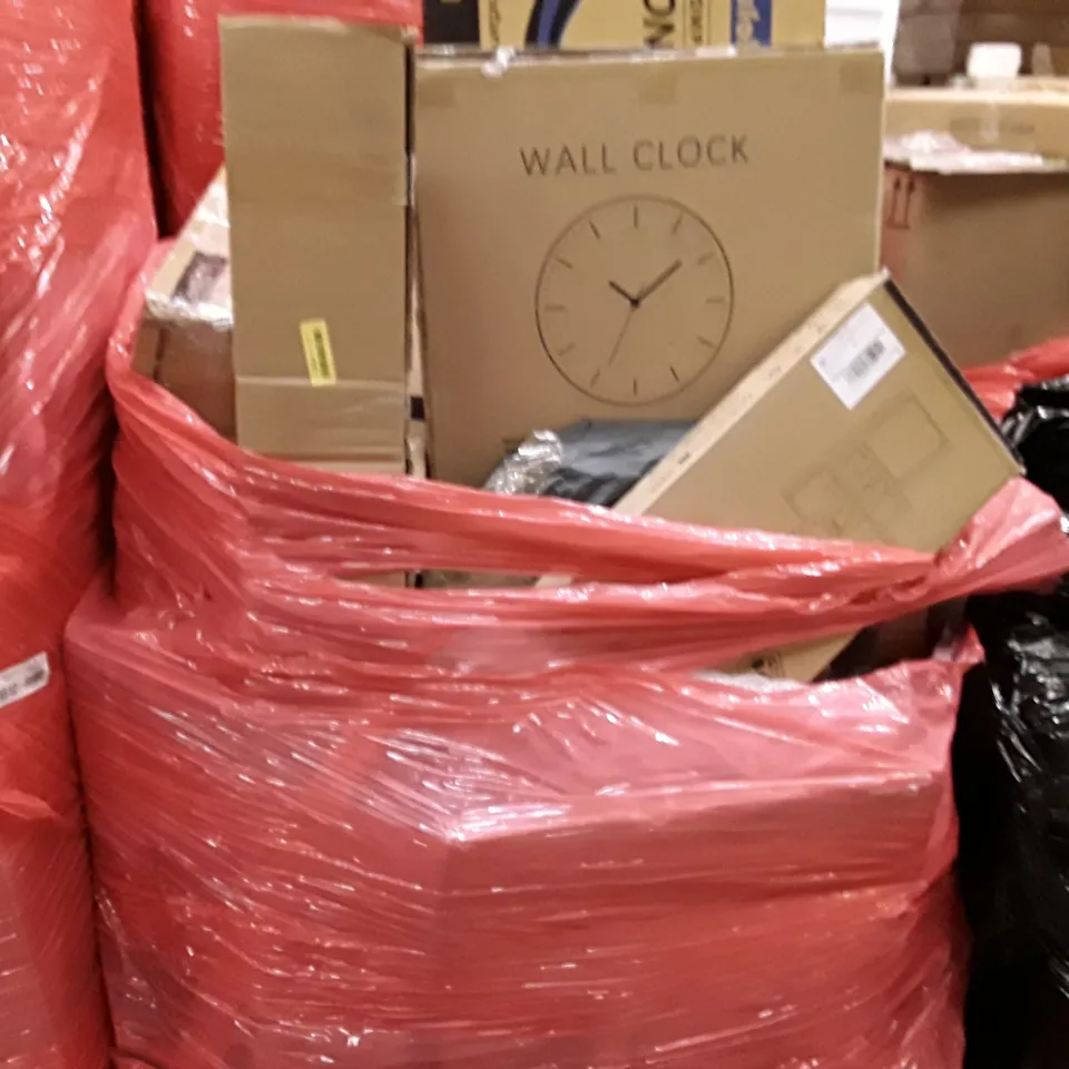 PALLET TO CONTAIN AN ASSORTMENT OF HOUSEHOLD ITEMS TO INCLUDE TV WALL MOUNT, WALL CLOCKS COMPUTER MONITOR AND BAGS ECT