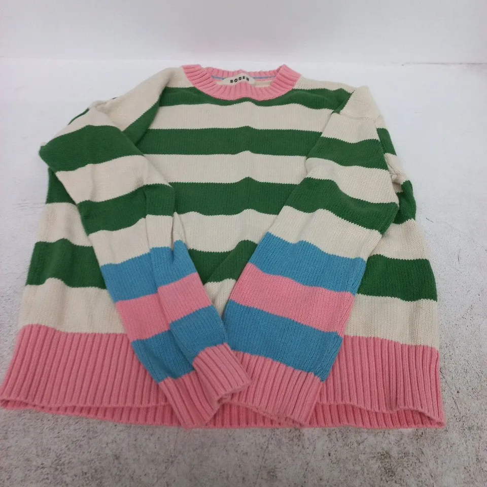 BODEN KNIT STRIPE SWEATER – PINK, GREEN & CREAM – SIZE M