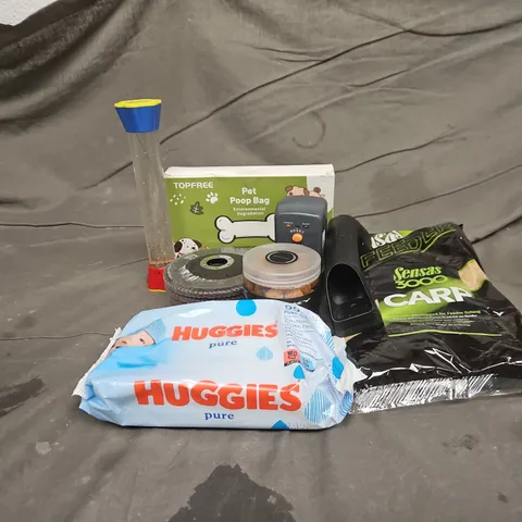 APPROXIMATELY 15 ASSORTED HOUSEHOLD ITEMS TO INCLUDE HUGGIES PURE WIPES, TOPFREE PET POOP BAGS, STICKY THE KRILL ACTIVE WAFTERS, ETC