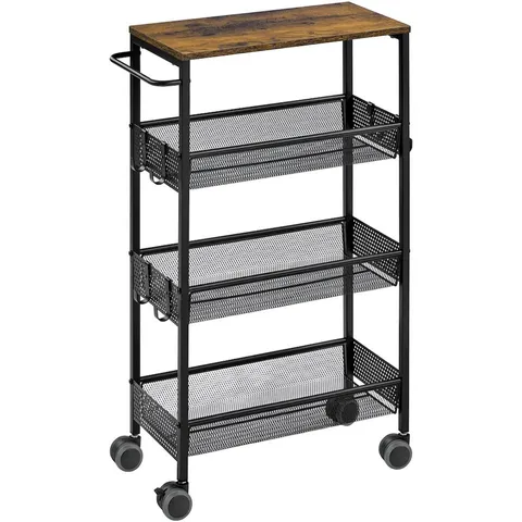 BOXED YAHEETCH STORAGE TROLLEY WITH 4 LEVELS - RUSTIC BROWN/BLACK 