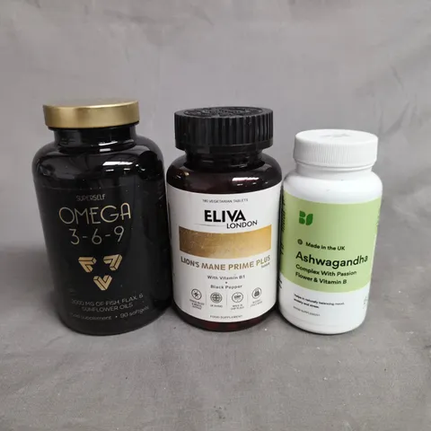 APPROX 10 ASSORTED ITEMS TO INCLUDE OMEGA 3-6-9; ELIVA LONDON LION’S MANE PRIME PLUS; ASHWAGANDHA COMPLEX